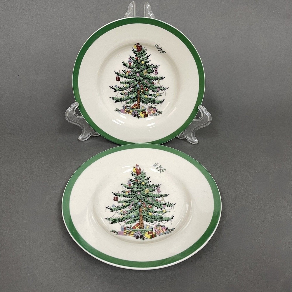 Spode Christmas Tree Bread & Butter Plates Green Band Lot of 2 - Retail $26 each